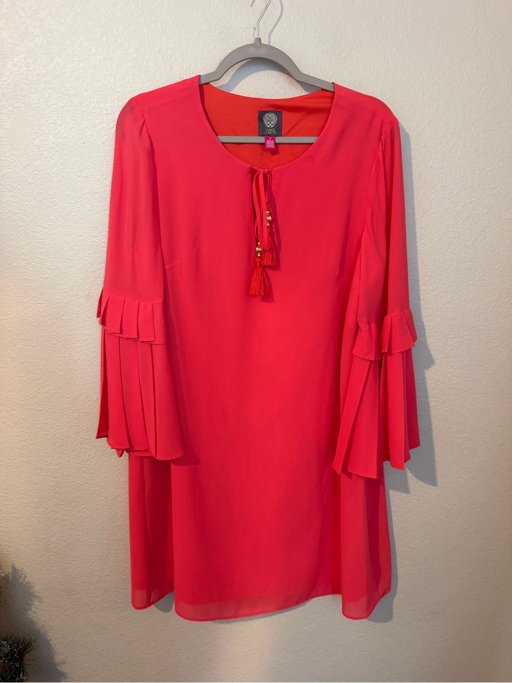 Vince Camuto Coral Pink Tassel-Neck Tiered Bell Sleeve Dress
